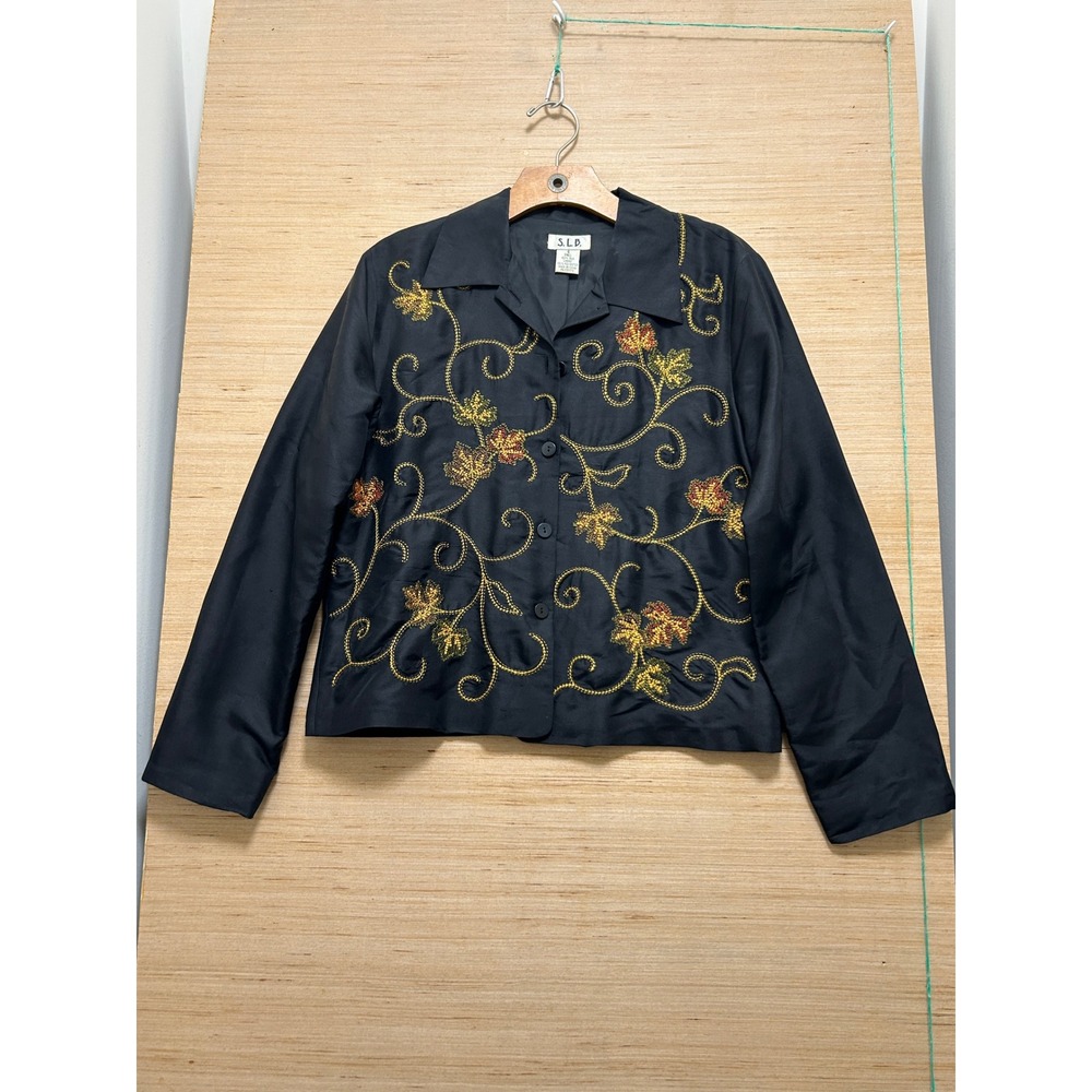 SLB Womens Black 100% Silk Embroidered Leaf Button Front Jacket Size 6